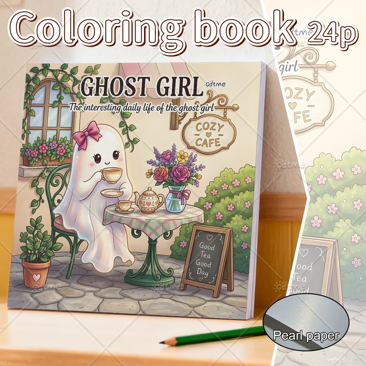 Ghost Girl Adult Coloring Book, Large Print Cute Cozy Ghost Cafe Daily Scenes, Stress Relief Relaxing Art Therapy Drawing Book