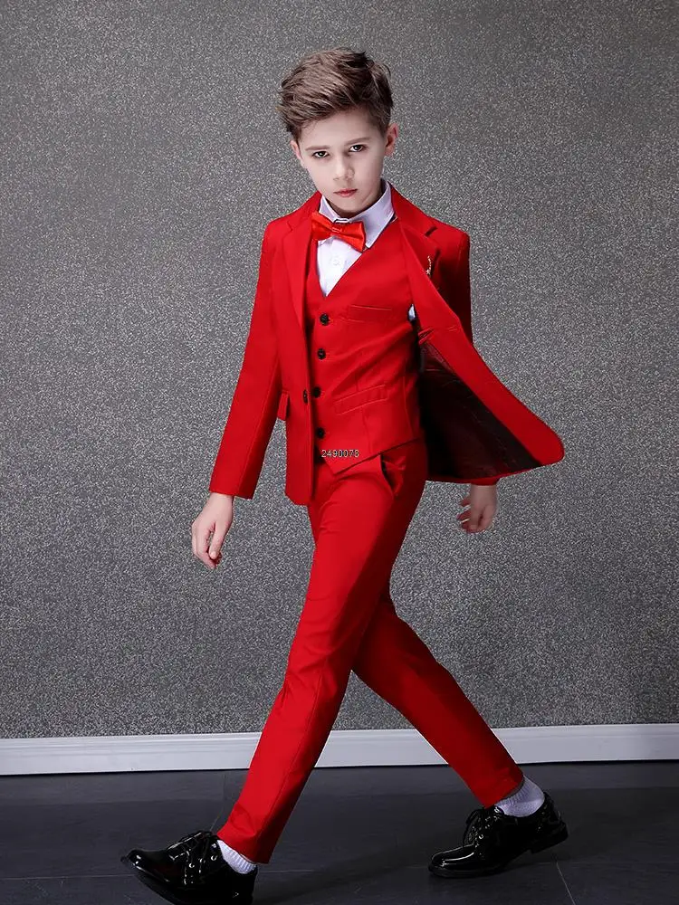 Flower Boys Red Photograph Suit Kids Wedding Suit Teenager Birthday Party Tuxedo Dress Children Graduation Stage Show Costume