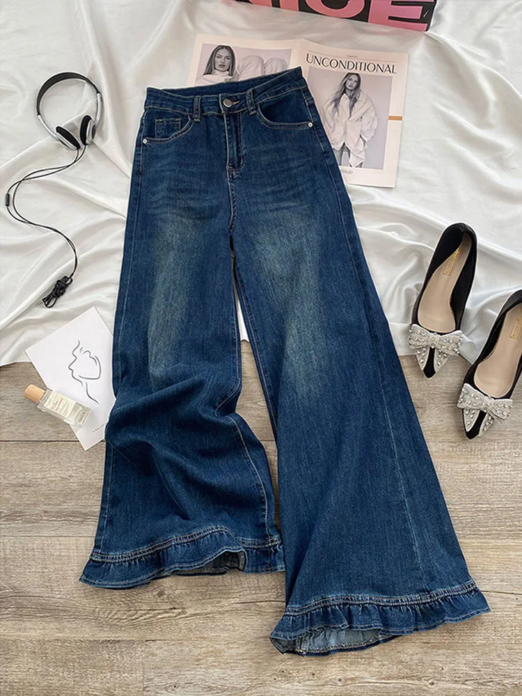 Trendy Ruffles Flare Jeans for Women Korean Style High Waist Loose Wide Leg Denim Pants 2026 New Retro Casual Versatile Trousers