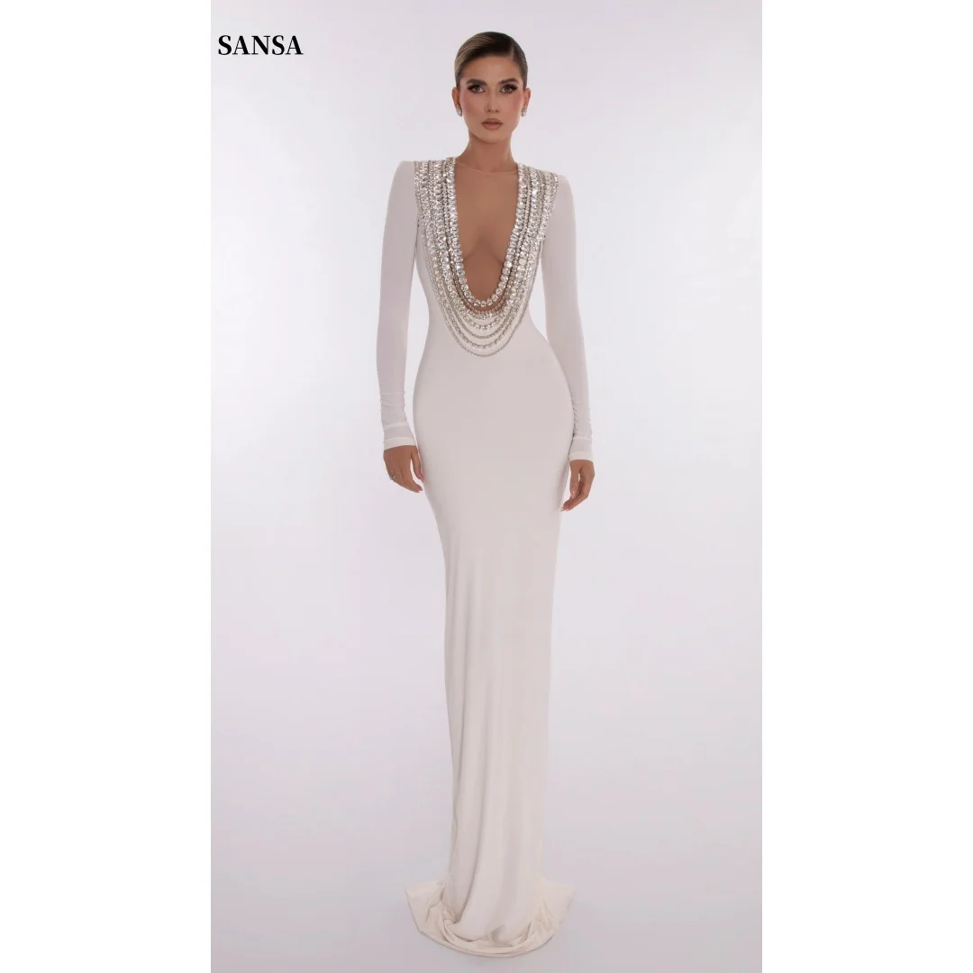 

Sansa Customized White Glitter Prom Dresses Long Sleeves فساتين للمناسبات الخاصة Floor-Length vestidos de
