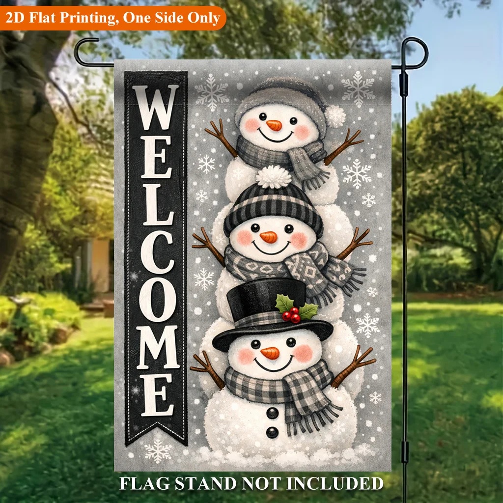 2D Flat Garden Flag 1 Piece, Welcome Snowman Stacked Arhat Single-sided Polyester Garden Flag, Holiday Garden Outdoor Flag, Suitable for Outdoor Home and Garden Holiday Decorations, Valentine's Day, Mother's Day, St. Patrick's Day, Easter, Christmas