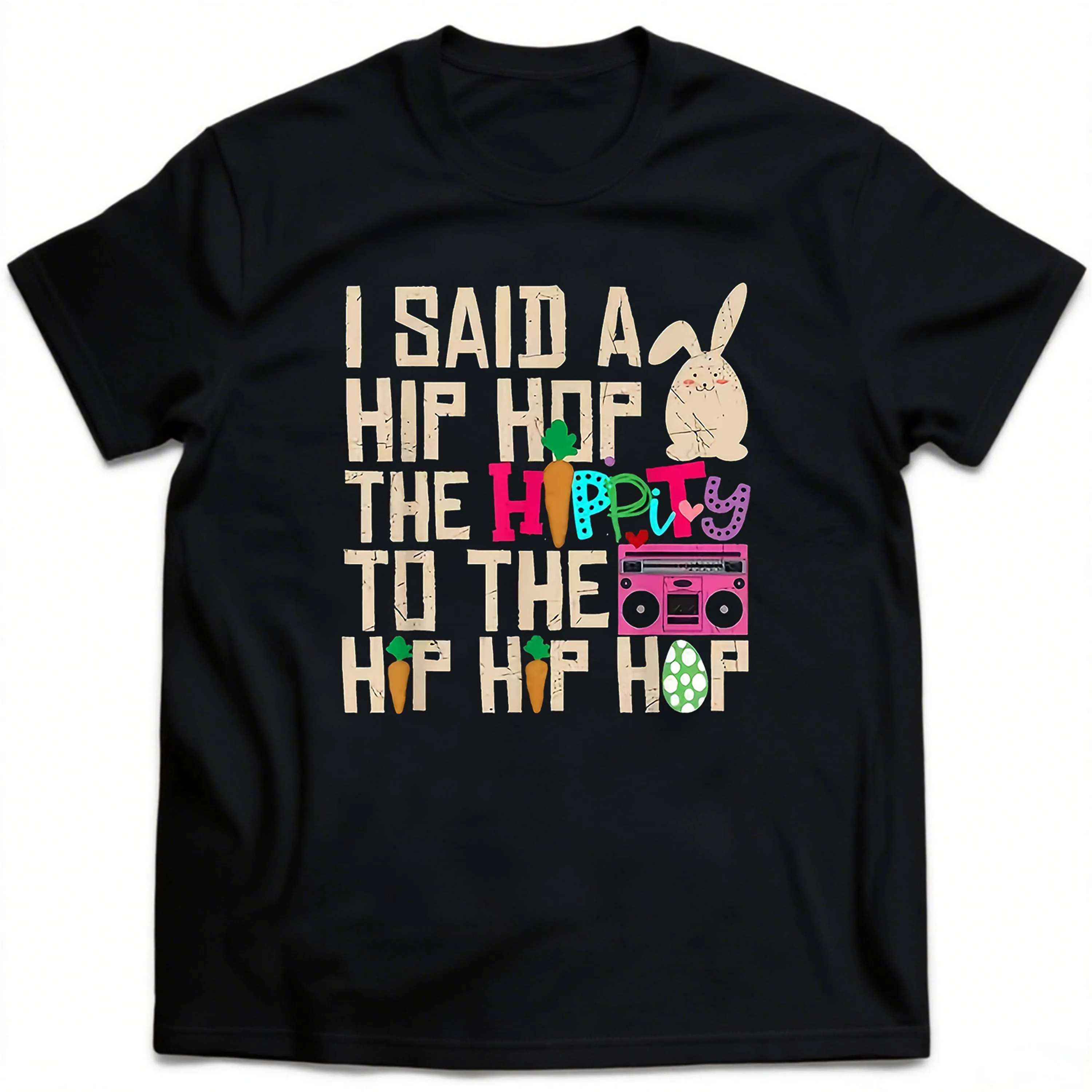 Plus Size Funny Bunny en Hip Hop Elements bedrukt zwart T-shirt met korte mouwen, geschikt voor outdoor-vrijetijdskleding in de zomer