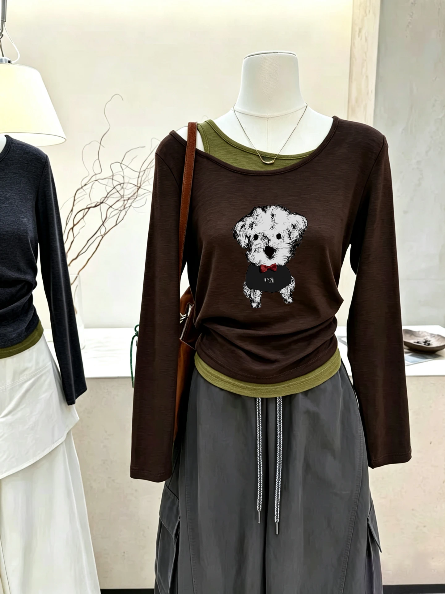 Slimming Long Sleeve Printed T-Shirt Women's Autumn New Style Shoulder Bared Slant Collar Versatile Cotton Top Anti-Aging