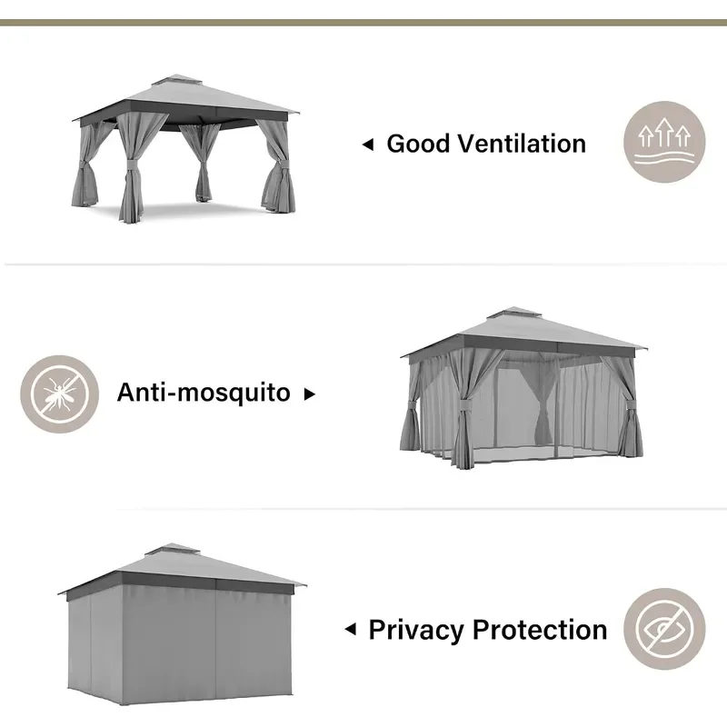 Patio Gazebo 12x12 Outdoor Heavy Duty Party Tent Shelter with Double Roofs Mosquito Nettings and Privacy Screens for Backyard