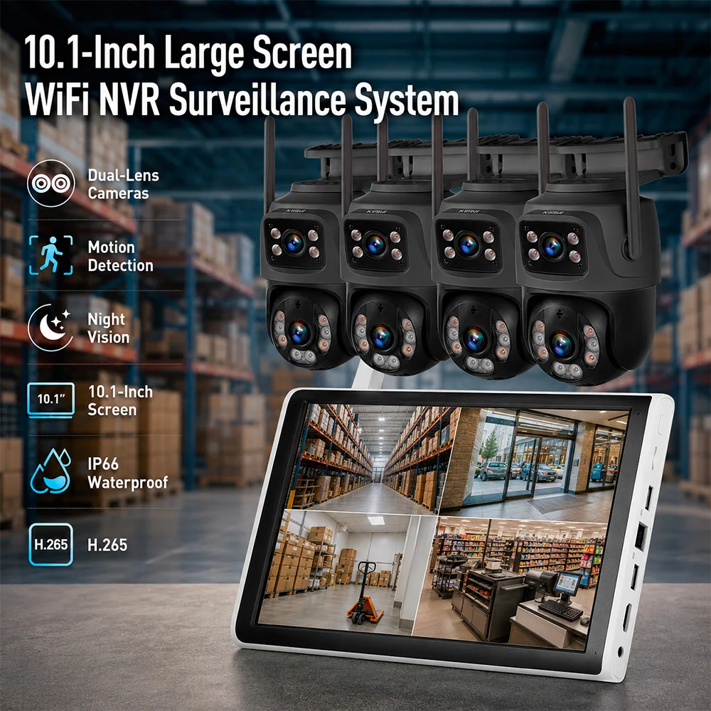 KERUI 10.1 inch LCD Monitor 8CH NVR Kit Wireless 6MP WIFI IP Dual Lens Camera Home Security System Surveillance Video Recorder