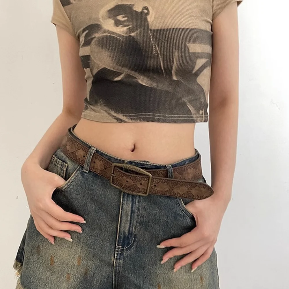 Модный ретро-ремень Y2K Senior Sense, коричневый пояс из искусственной кожи с пряжкой, широкий национальный ветровой джинсовый ремень