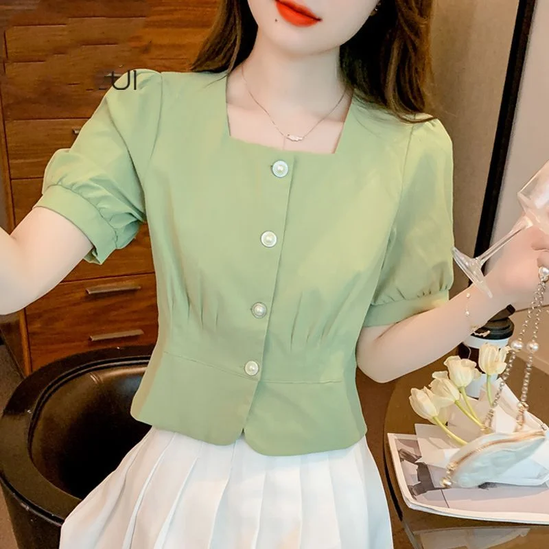 

2024 Summer New Women's Blouse Square Collar Button Folds Short Sleeve Fashion Minimalist Sweet Slim Solid Color Shirt Tops