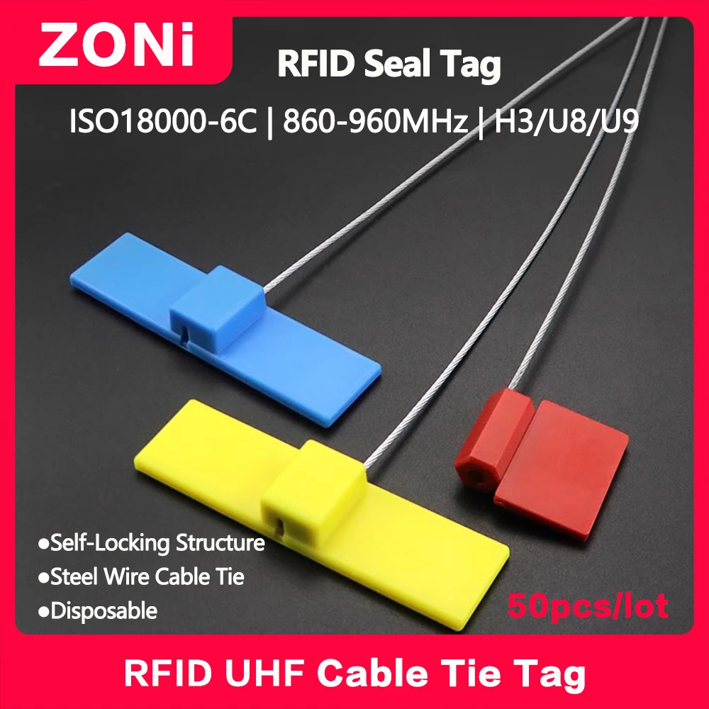 Étiquette de joint RFID UHF/IC/NFC, étiquette d'attache de câble en fil d'acier 18000-6C 860-960MHz NXP U8/U9/H3/H9 IC NTAG213, 50 pièces