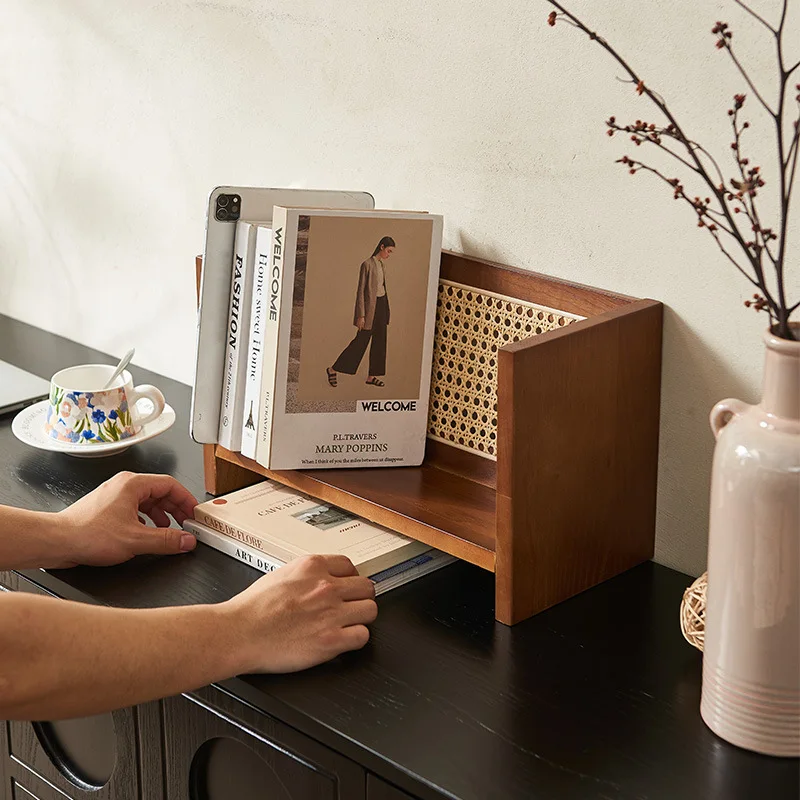 

Nordic creative wabi-sabi wind small bookshelf home floor magazine shelf desktop book newspaper rattan storage shelf