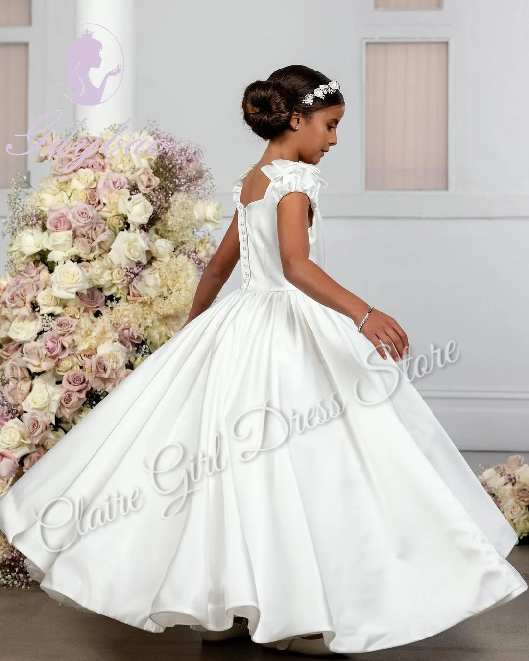 Maßgeschneiderte Satin-Blumenmädchenkleider für die Hochzeit mit Schleife, ärmellos, bodenlang, elegantes Prinzessin-Geburtstagsfeier-Konzertkleid