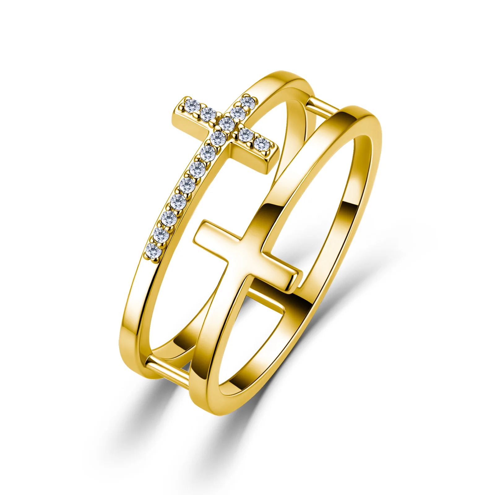 S925 Silver Double Cross Fixed Ring 0.08CTW Moissanite 14K Plated Women Religious Jewelry Gold & Silver Tone