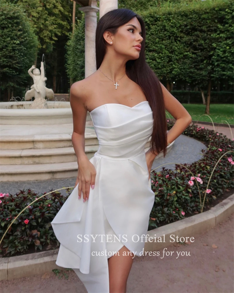 SSYTENS Mini Prom Party Dresses for Bride Satin sopra il ginocchio senza spalline abito da sposa damigella d'onore donna abiti da Cocktail corti