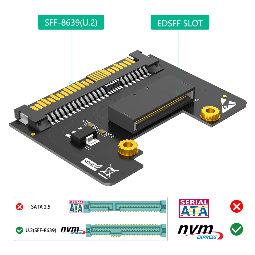 EDSFF E1.S SSD to U.2 SFF-8639 Adapter Card PCIe NVMe E1.S to U2 SFF8639 Converter Riser Card for Server Data Storage Expansion