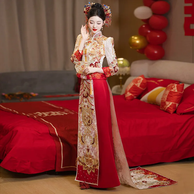 Chinese Style Champagne Xiuhe Suit Women High Quality Qipao Wedding Party Traditional Cheongsam Dress  костюм для восточных