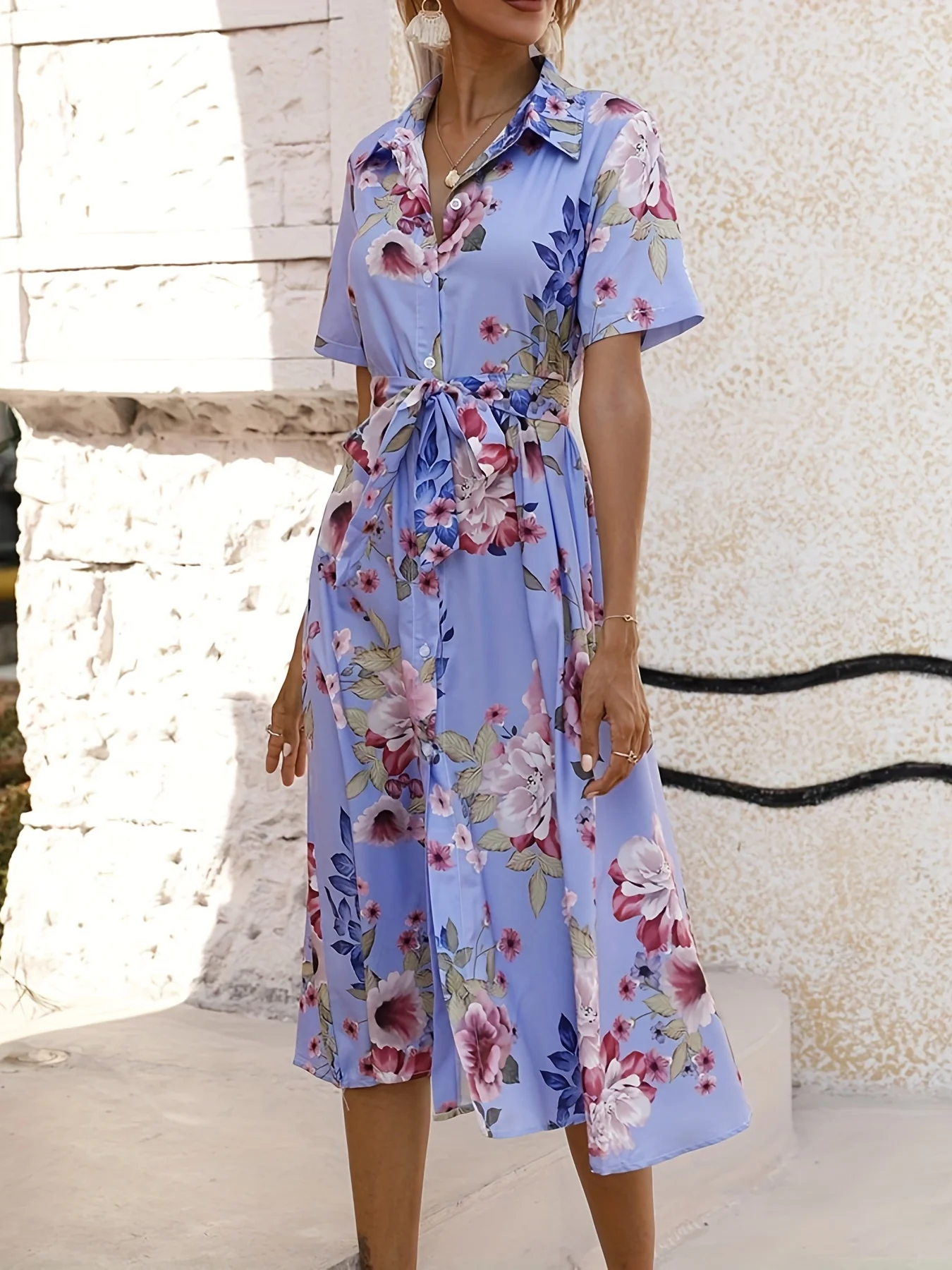 Sommer-Taillen-Hemdkleid, einreihig, bedruckt, kurzärmelig, langes Kleid