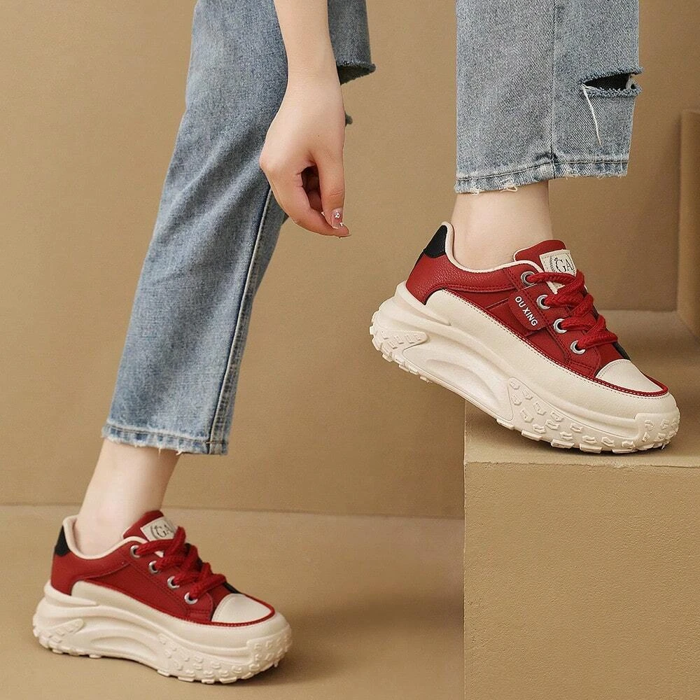 Women\'s Round Toe Red Comfortable Versatile Thick-soled High-top Shoes British Style Fashionable And Warm Added Fluff