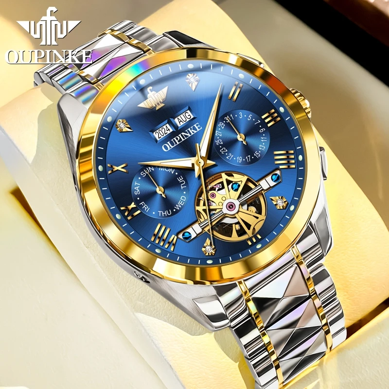 OUPINKE 3186 Automatic Men's Watch Luxury Diamonds Skeleton Multifunctional Dial Mechanical Wristwatch for Men