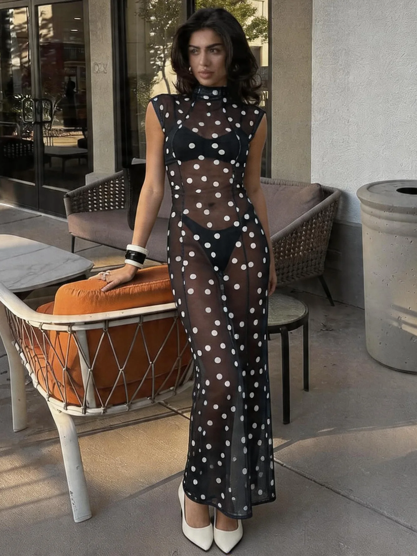Sexy Polka Dot Long Dress for Women Transparent Turtleneck Slit Maxi Curvy Dresses Evening Party Black New Club Holiday Vacation view 3
