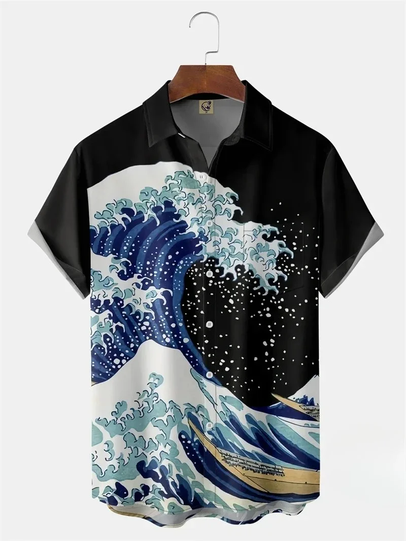 Sakura Ocean Wave Hawaiian Shirt Multi Style Optional Men US Retro Korean Oversized Asian Vacation Aloha Shirts