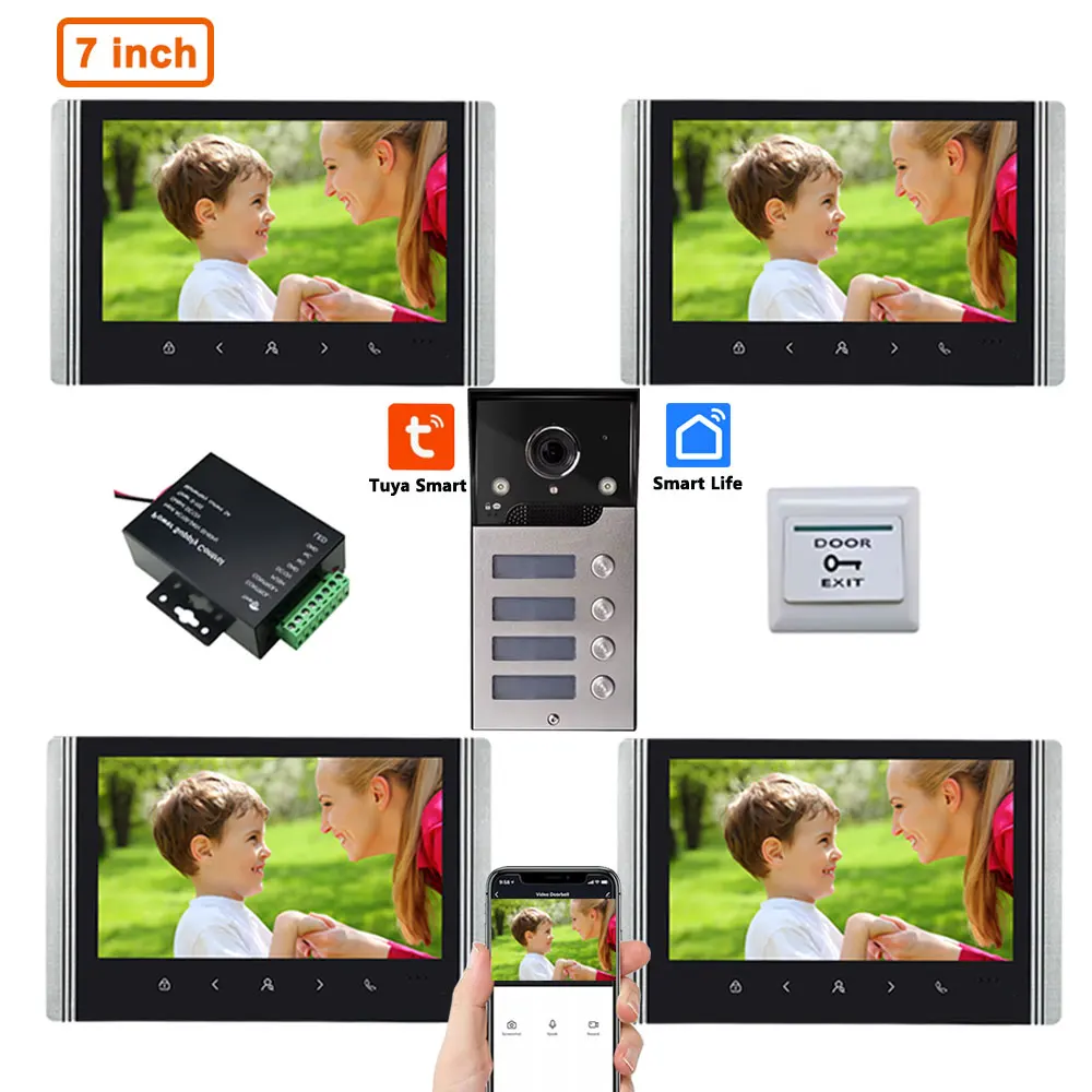 

4 Wire 7 inch Wireless WiFi HD Video Doorphone Apartment Building Tuya Smart Video Doorbell Intercom System Kit for 2/3/4 Family