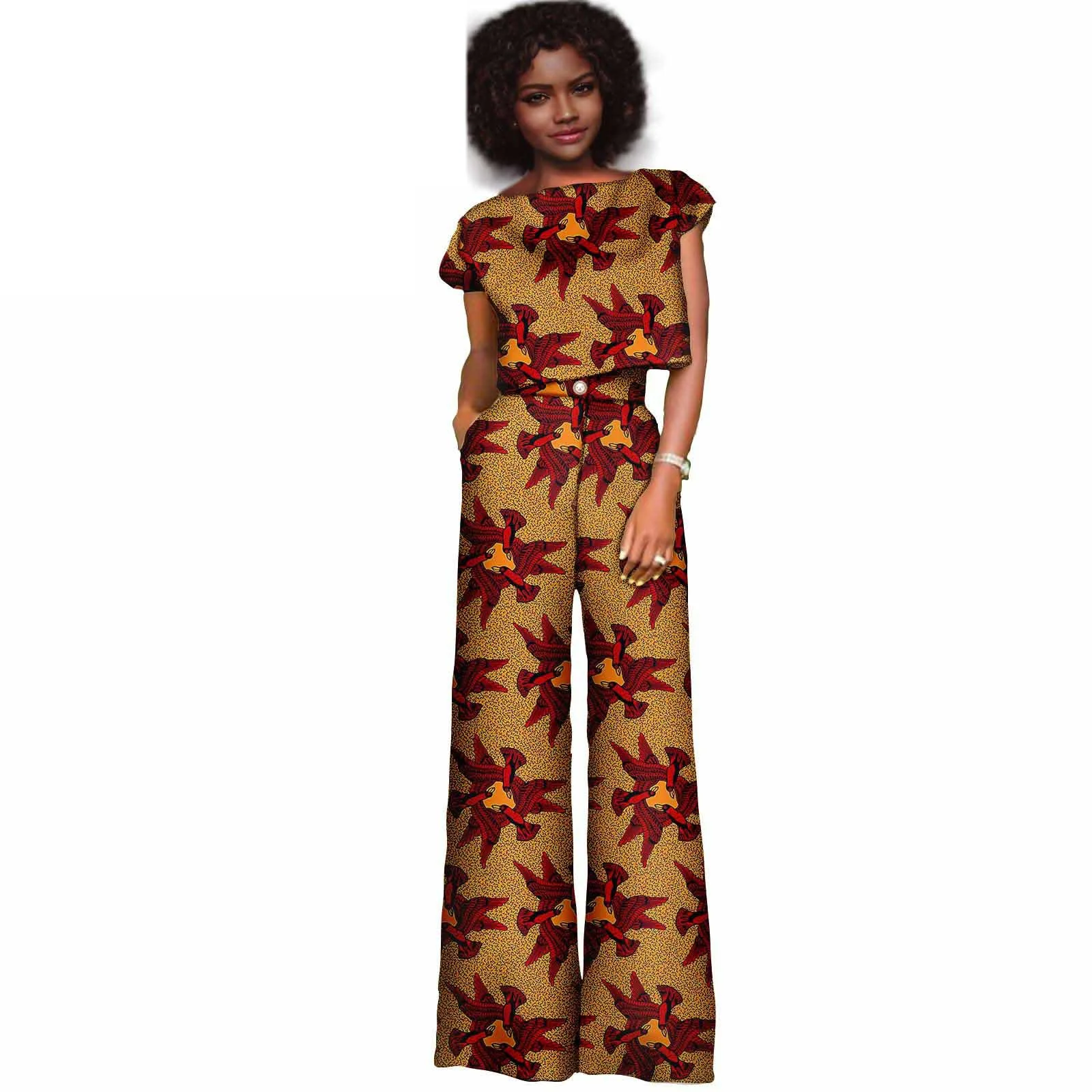 2024 Summer African Women Crop To Short Sleeve African Printing 2 Pieces Top Long Pant Matching Sets African Clothes for Women