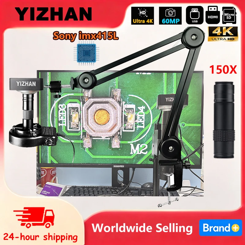 YIZHAN 4K Ultra HD Electronic Repair Microscope 60MP 1080P HDMI USB VGA Video Camera Clamp type all-round bracket set For Lab