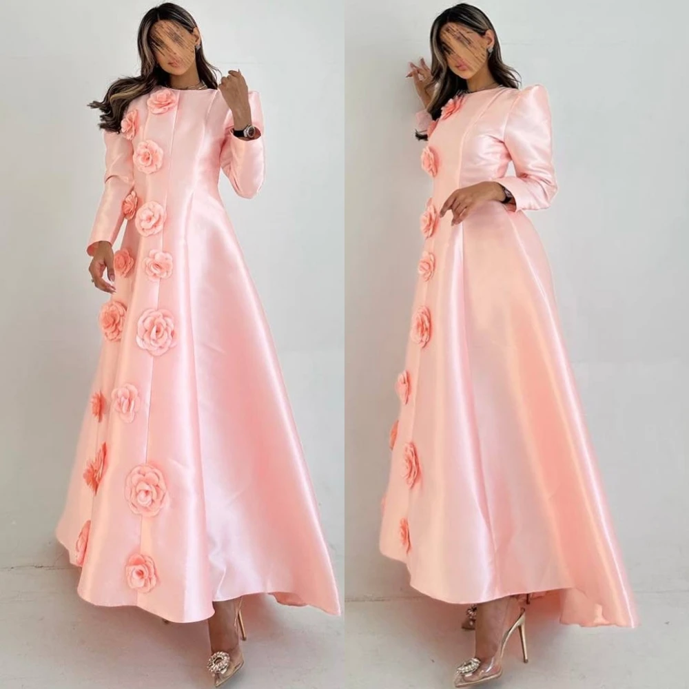 

Customized Delicate Satin Evening Dress Exquisite Long Sleeves Prom Dresses Modern O-Neck Flowers Special Occasion Gowns