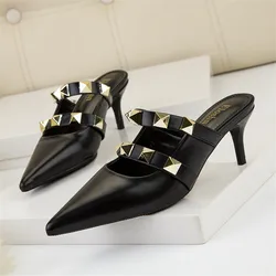 Retro Rivet Shallow Shoes For Women Slippers Pointed Toe High Heels 6cm Pumps Woman Black Sexy Hollow Slip On Ladies Party Shoes