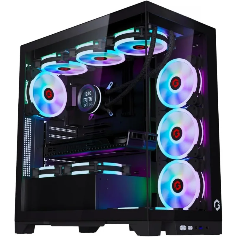 Aotesier Midnight IV Series Mid Tower PC Gaming Case, iluminación ARGB+PWM de 120 mm, vidrio templado, 7 ventiladores de refrigeración RGB preinstalados