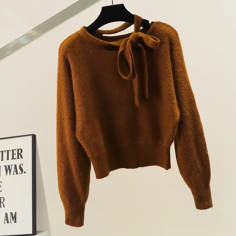

Faionable Heavyweight Sexy Mature Knot Sweater Women's Autumn Winter Loose Design Knitted Top Commute Sle round Ne Long...