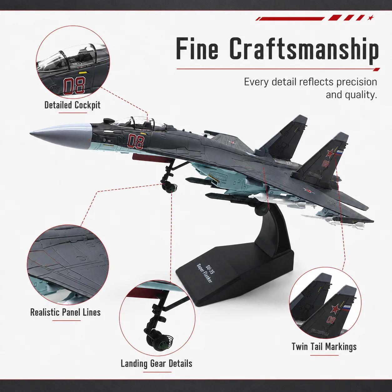 1/100 Scale Russian SU-35 Fighter Model Metal Alloy Simulation Collectible Miniature Aircraft Replica for Display