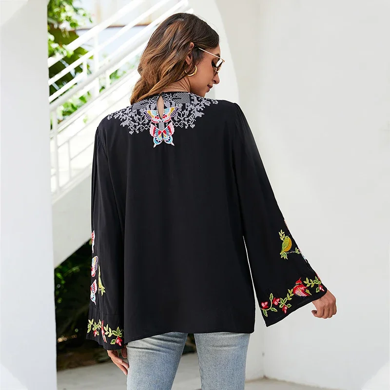 Eaeovni  Women\'s Mexican Embroidered Tops Traditional Boho Hippie Clothes Peasant Blouse Bohemian Long Sleeve Shirt Tunic