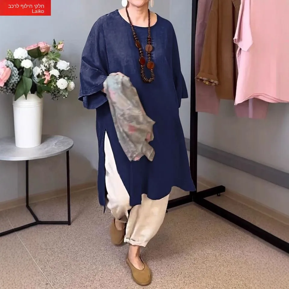 

Summer New Women's Color round Neck Seven Sleeve Casual Linen Split Long Top 0317 Loose Fit Mid-Length Sleeveless