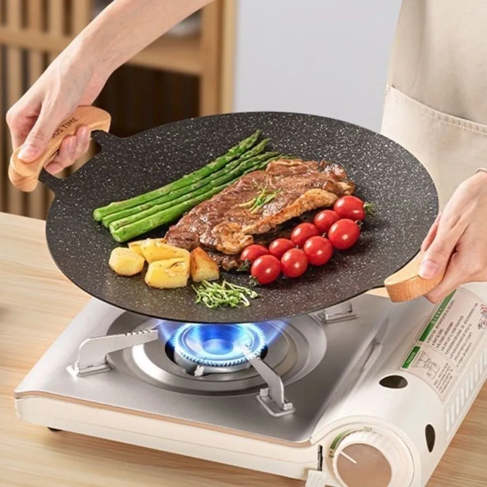 

30/32/34/36/38cm Korean BBQ Grill Pan Heat-resistant Holder Round Shape Smokeless Griddle Pan Wooden Handle Barbecue Plate