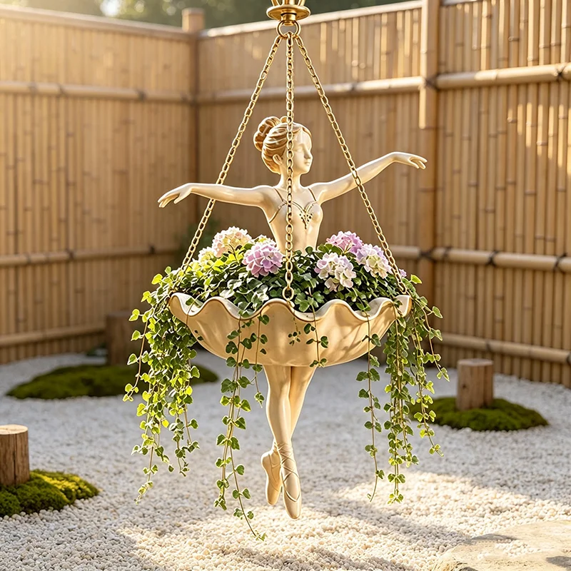 Ballettmädchen Hängepflanzgefäß aus Kunstharz, Kreatives Ornament für Außenbereich, Garten, Balkon, Dekoration, Hängender Blumentopf – Detail 3