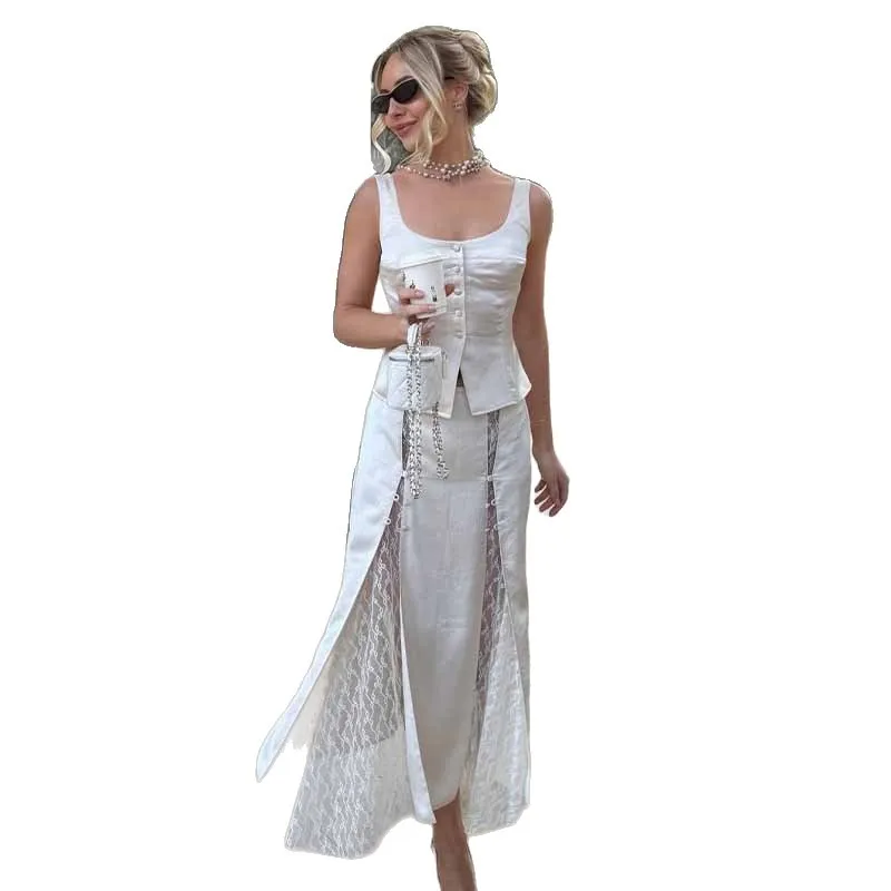 

Sleeveless Square Collar Button Top with Lace Splicing Long Skirt Set Women's Clothing 2025 Summer New