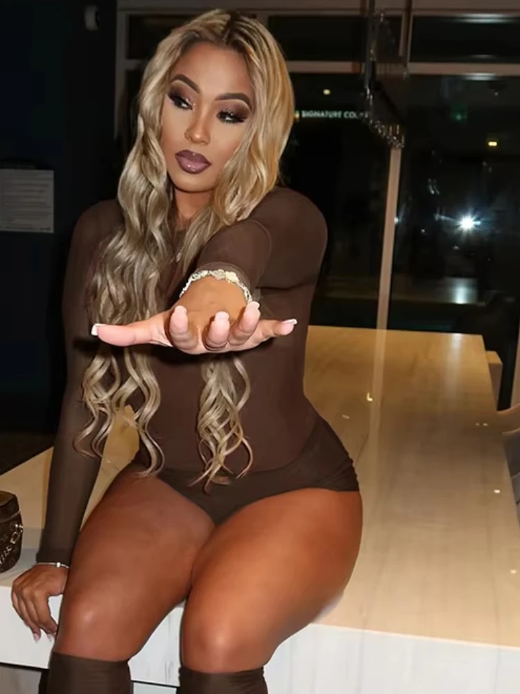 

Nibber повседневный комплект из трех предметов, сетчатый укороченный топ с длинными рукавами и круглым вырезом + шорты + чехол для ног, одинаковые осенние новые трендовые уличные сексуальные наряды