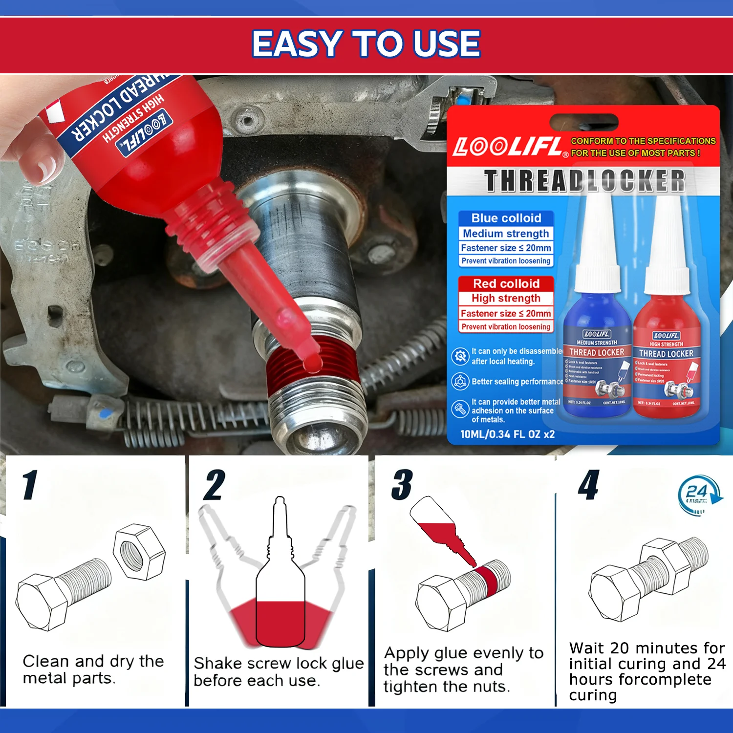 LOOLIFL Adhesivo de bloqueo de tornillo bloqueador de roscas para tuercas, pernos, sujetadores, pegamento de tornillo de alta resistencia para evitar que la corrosión y aflojar