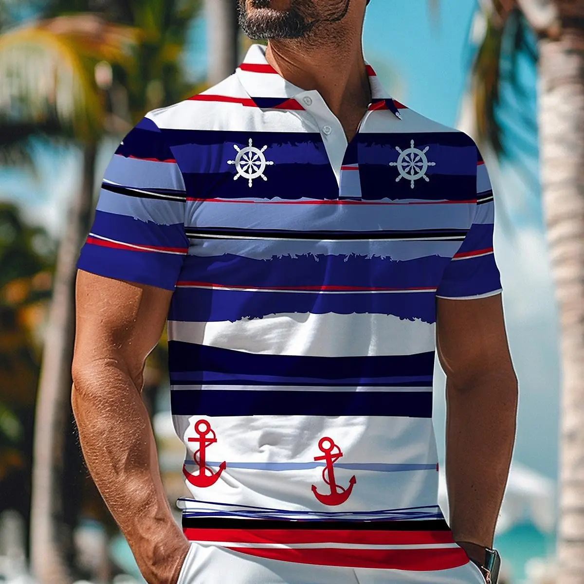 

Striped anchor pattern men's Polo shirt Summer casual street daily vacation short sleeved polo shirt Navy style men's clothing