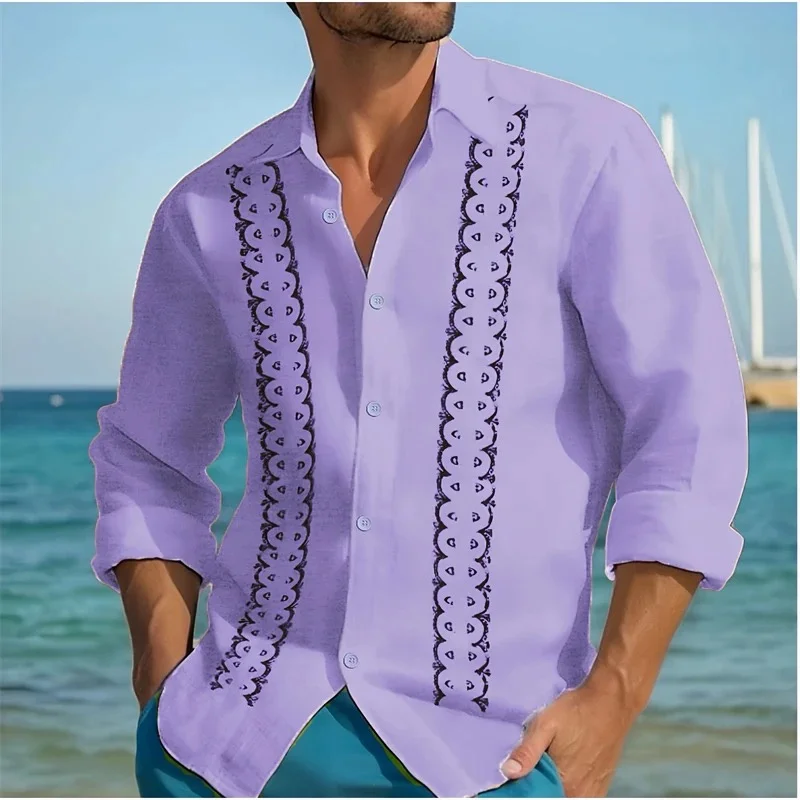 Camisa de moda para hombre con rayas dobles y estampado geométrico, camisa informal de manga larga de lino con botones para hombre, primavera para