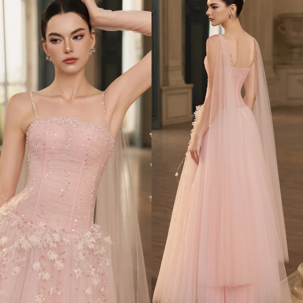 

Customized Exquisite Spaghetti Straps Sleeveless Evening Dress High Quality Tulle Prom Dresses Temperament Crystal Party Gowns