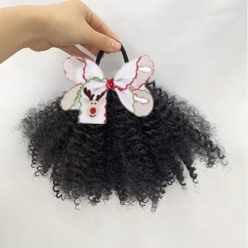 

Chrostmas Bows Clip and Go Afro Kinky Marley Ponytail with Elastic Band Soft Like Natural Human Hair Kids Braided Ponytail