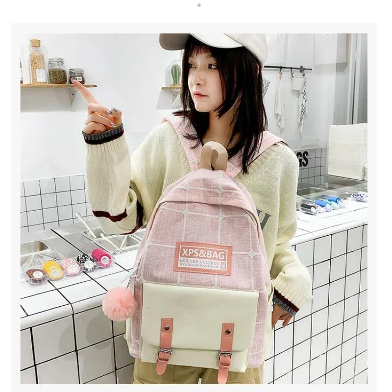 Multifunctional and Versatile Student Schoolbag Female Korean Version of Harajuku Style Canvas Plaid Four-piece Backpack Fashion