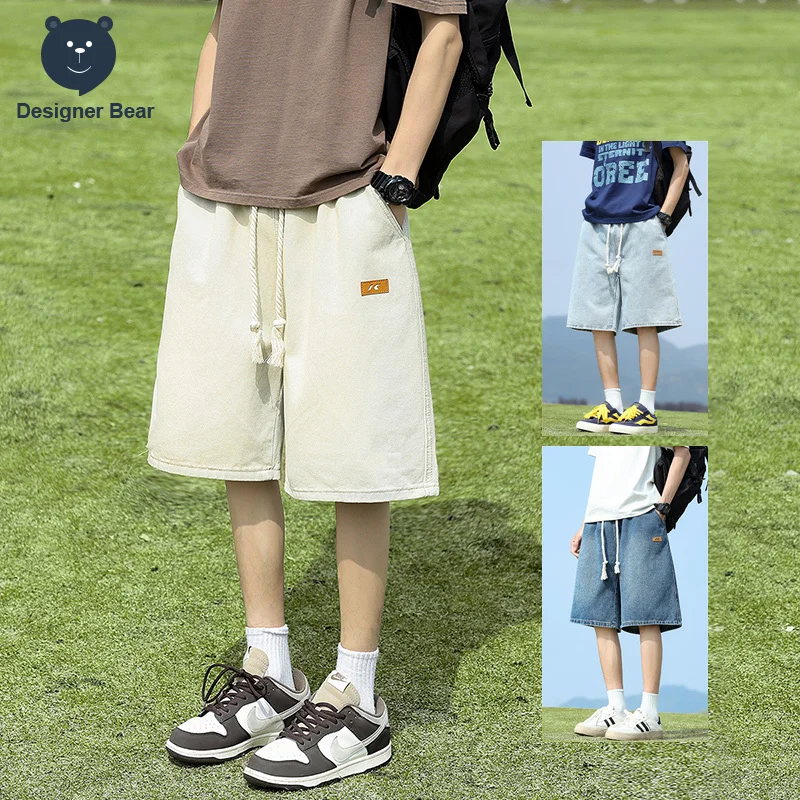 

Summer Men's Denim Shorts Baggy Wide Leg Elastic Waist Casual Shorts Cotton Vintage Blue Mid-Length Jeans Men Brand Clothing