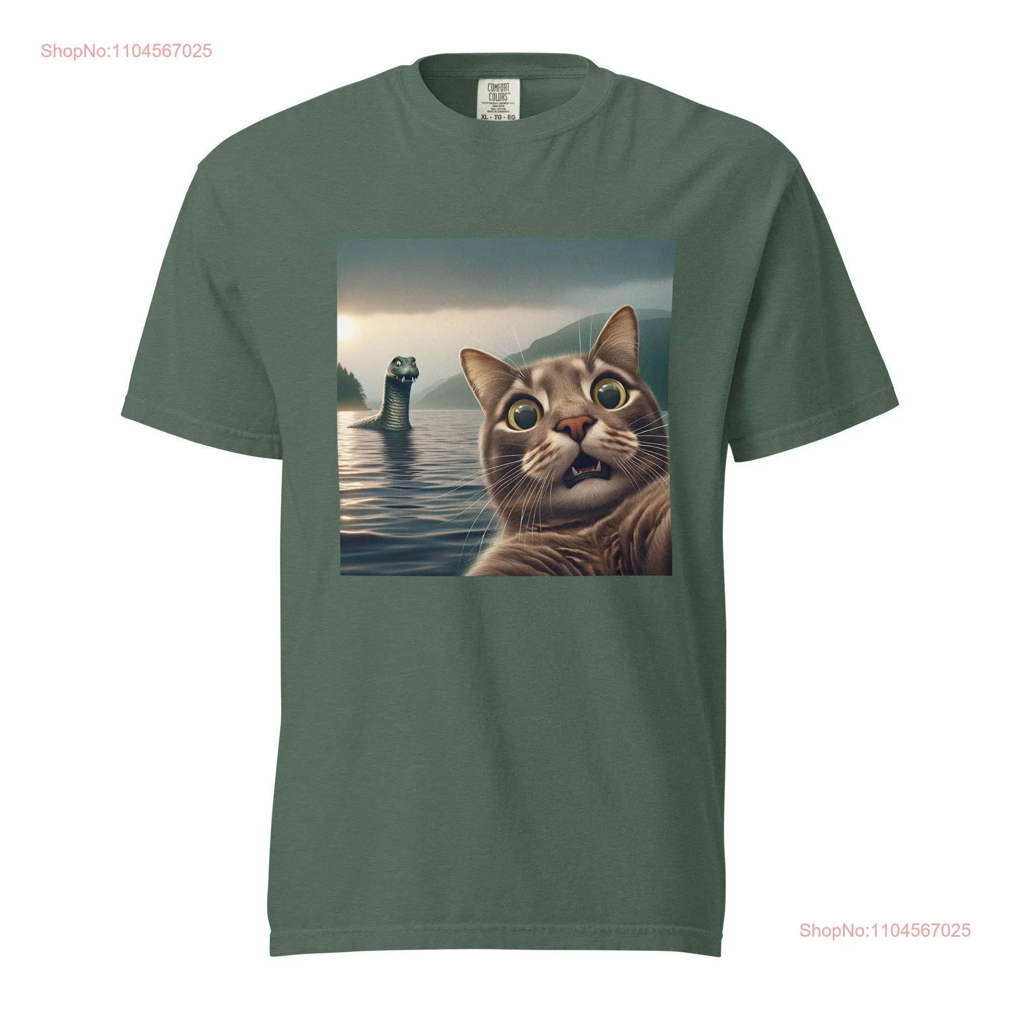 Funny surprised scared cat standing near lake takes selfie with Loch Ness Monster Nessie in background Comfort Colors