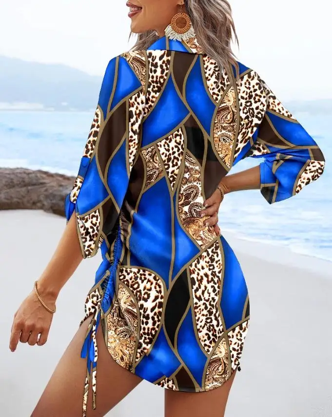 Women's Fashion Casual Leopard Pattern Color blocked V-neck Curly Sleeve Hollow Drawstring Mini Dress Hoodie Women's Wear