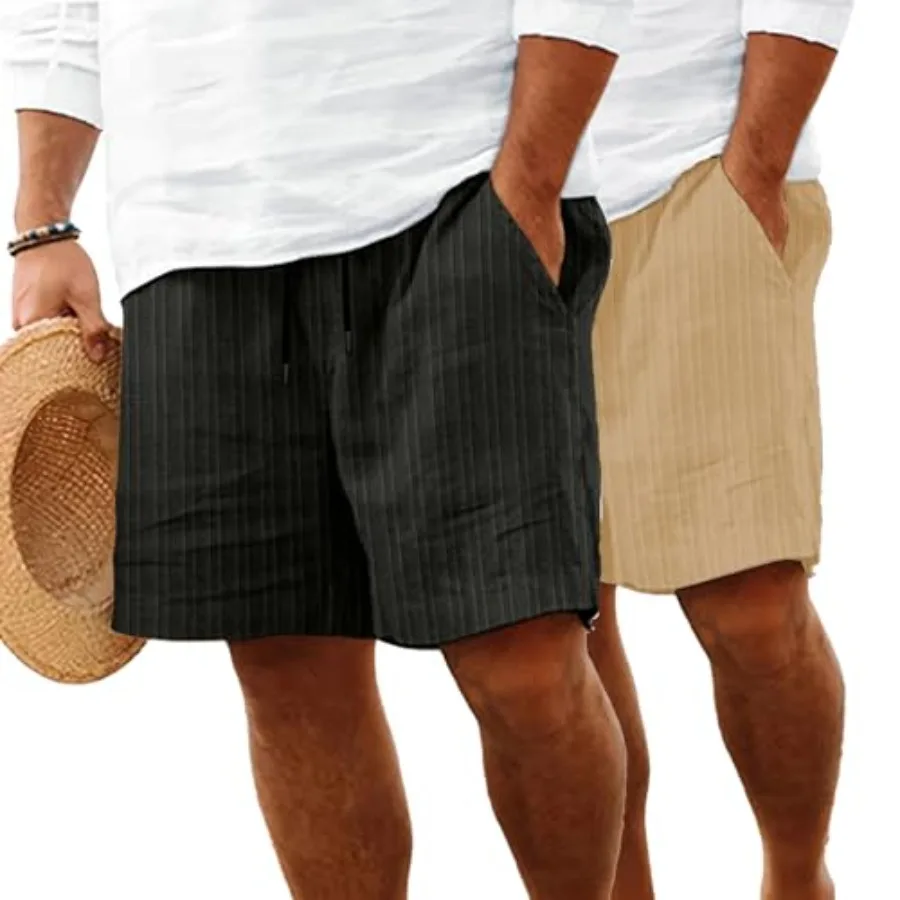 

Mens Linen Shorts Flat Front Casual Elastic Waist Drawstring Summer Beach Vacation Shorts with Pocket 9Inch