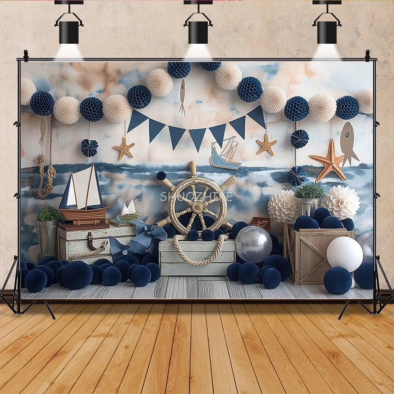 Mermaid Blue Marine Wall Sailboat Photography Backdrops Birthday Party Decor Global Fishing Net Photo Studio Background TE-08