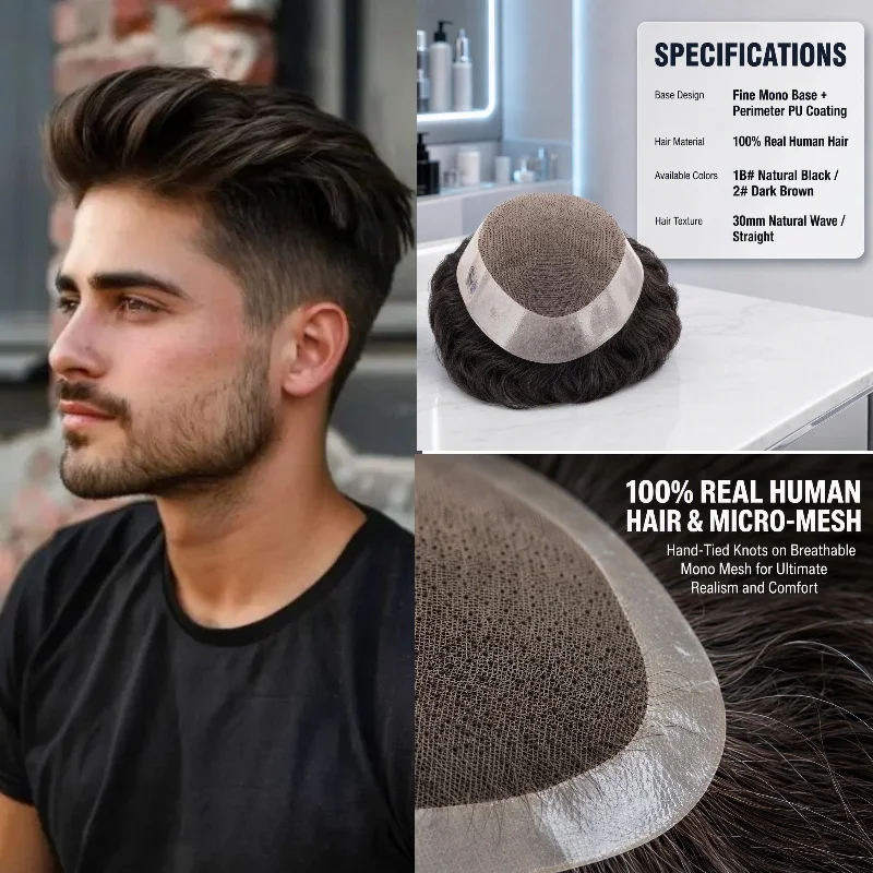 Real Human Hair D7-3 Mono Base Men Wig 7x9 6inch 30mm Wave Mono+NPU Hand-Tied Remy Hair For Social Events 72H Dropship Free Tape