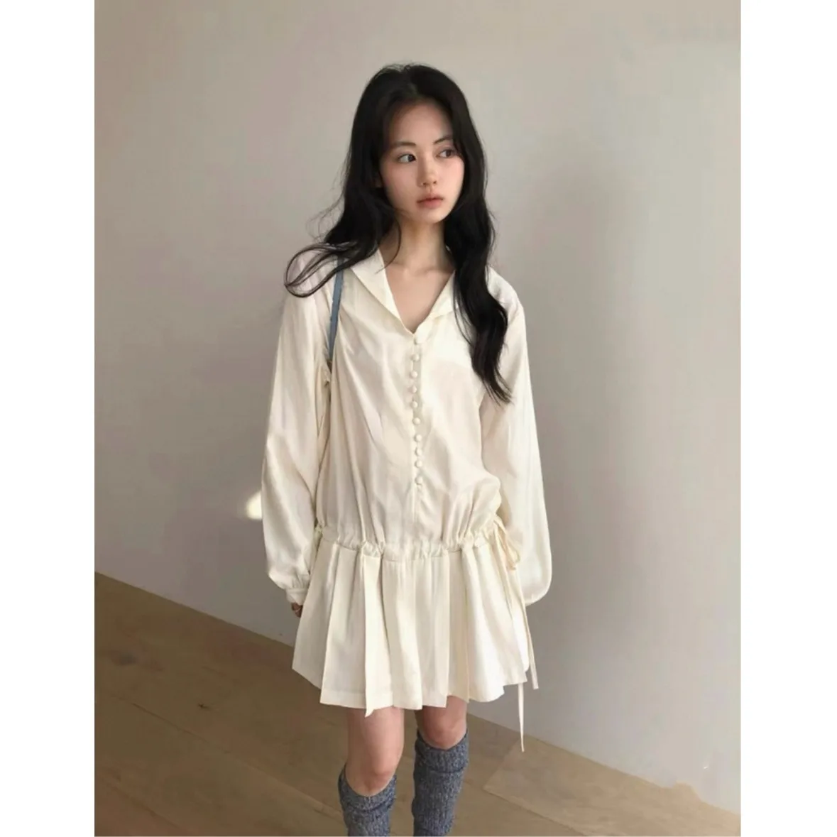 Elegant Slimming Pleated Drawstring High Waist Korean Style Long Sleeve Midi Dress Versatile Casual Wear for Young Women